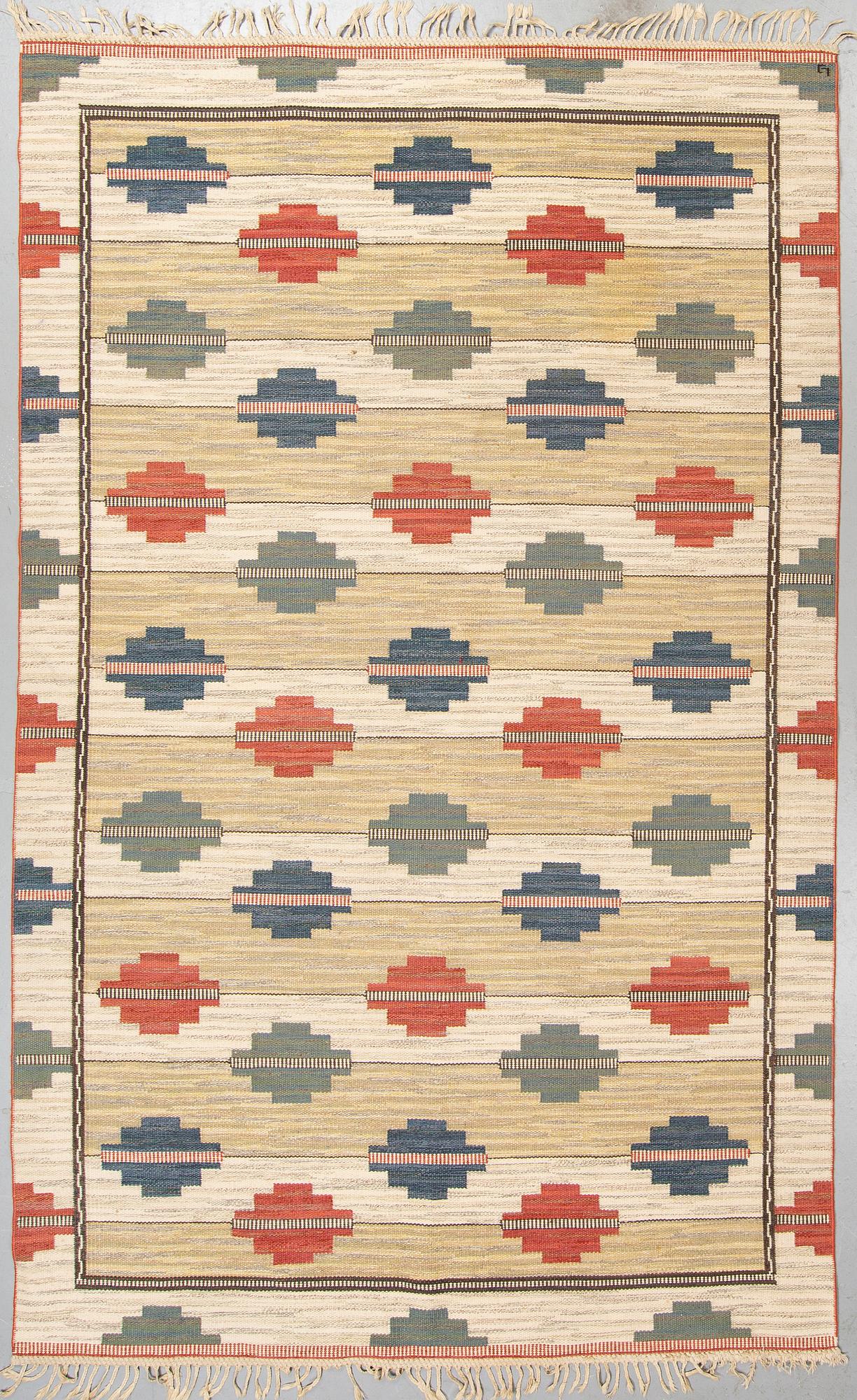 MATTO, flat weave, ca 313 x 200,5 cm, signed L J (probably  Lilian Johanesson).