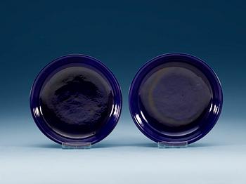 1408. A pair of deep purple glazed dishes, Qing dynasty, with Qianlong six character mark.