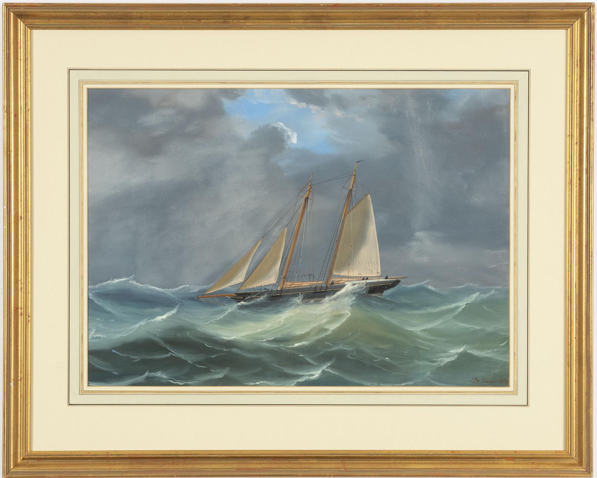 Tomasso de Simone, Tvåmastade skonaren "Alcalda" i hårt väder.