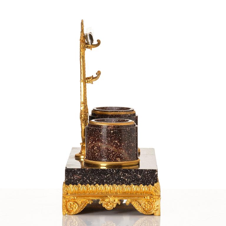 A Swedish porphyry and bronz ink stand, 19th century.