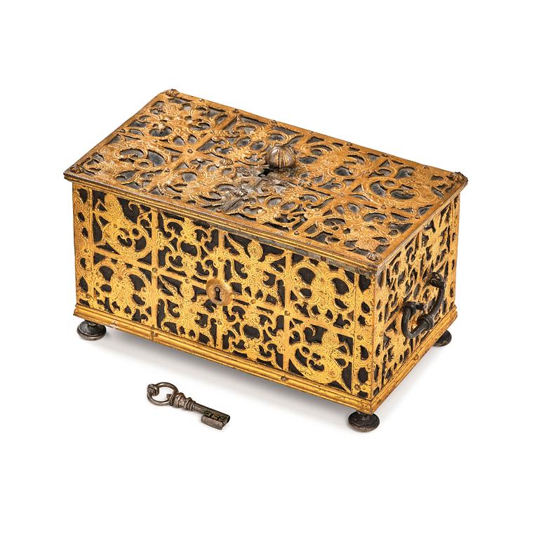 The Wrangel strongbox, a German wrought iron and steel engraved strongbox dated 1658.