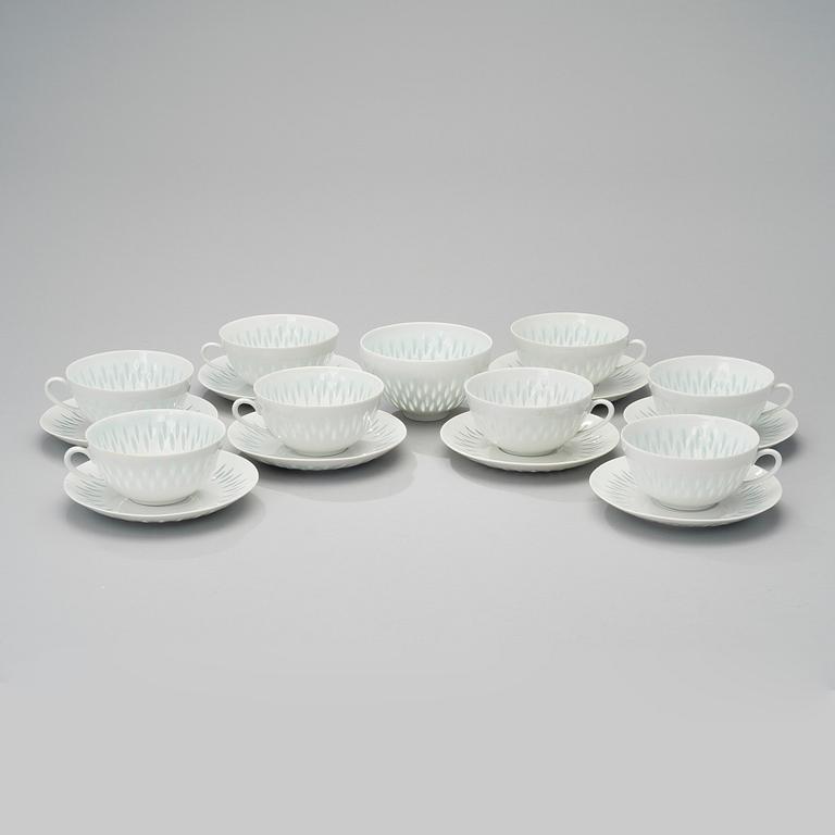 FRIEDL HOLZER-KJELLBERG, 8 TEA CUPS WITH SAUCERS, AND BOWL, rice grain porcelain, signed, Arabia.