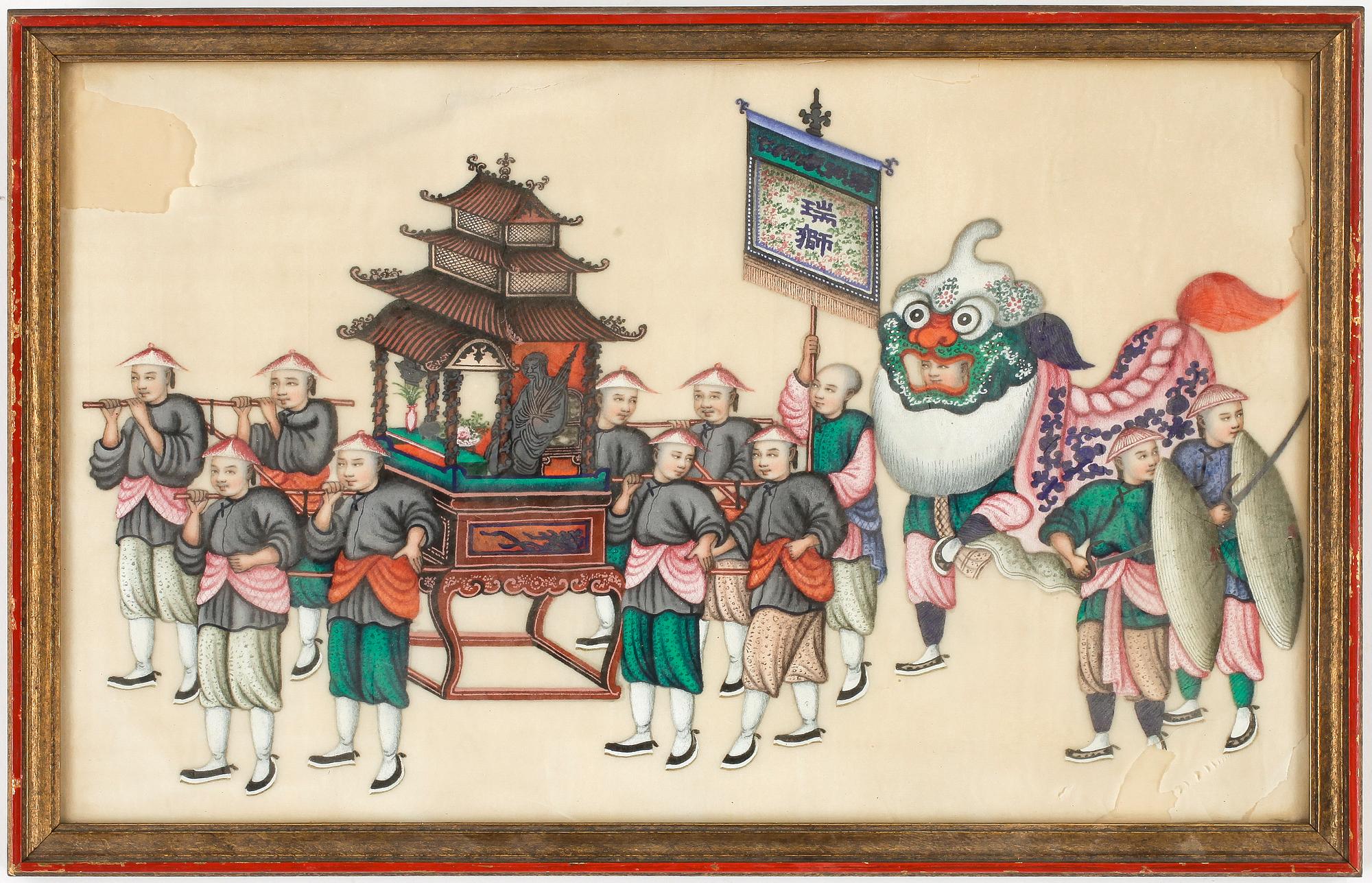 GOUACHER, 7 st, på rispapper, Kina 1800-tal.