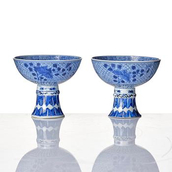 A pair of blue and white stemcups, Qing dynasty with Guangxu mark.