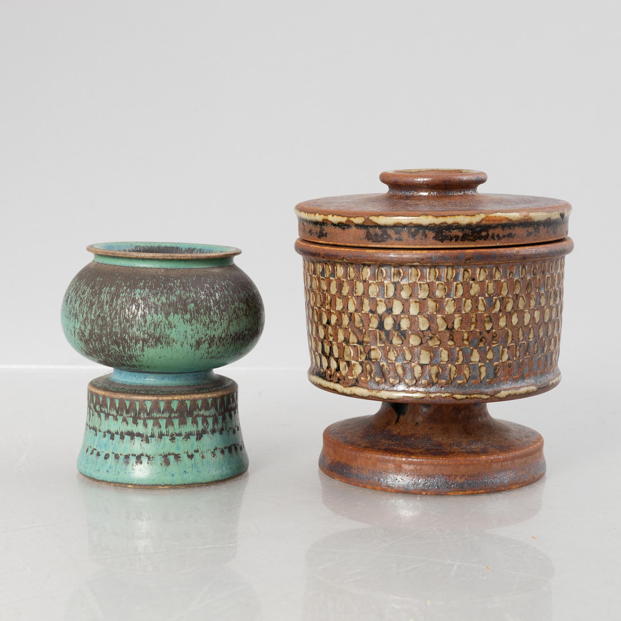 Stig Lindberg, a lidded stoneware bowl and a vase, Gustavsberg Studio 1963 and 1965.
