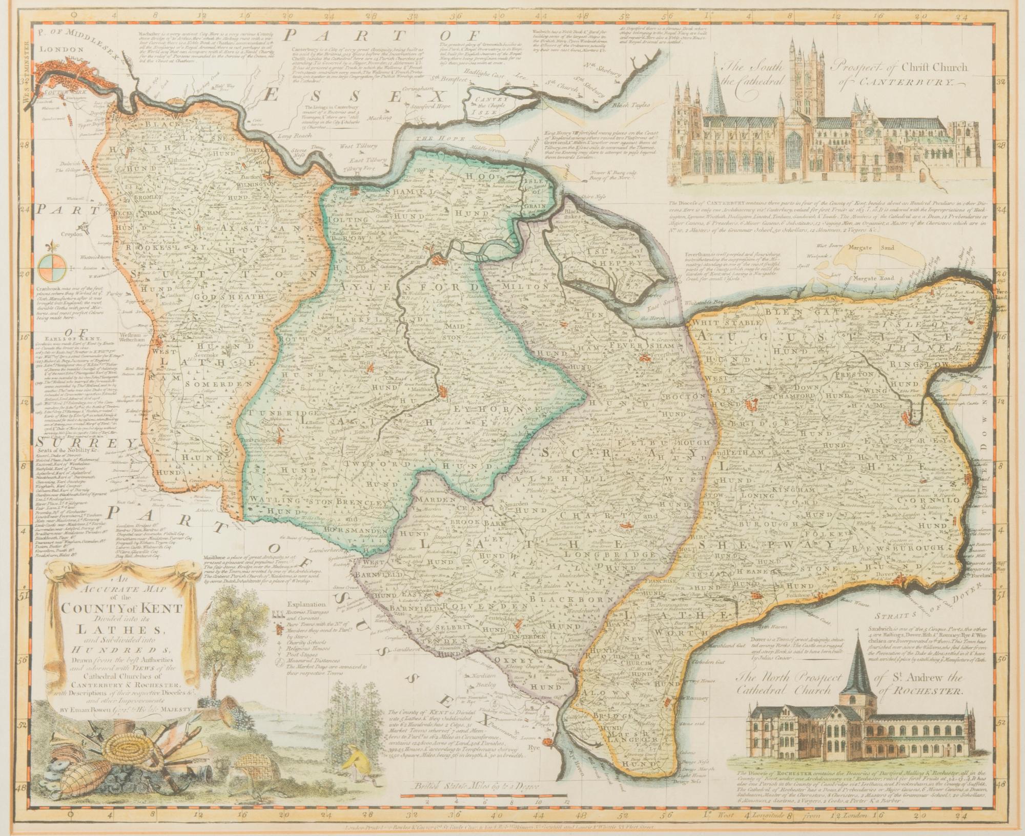 KARTA, "An accurate map of the county of Kent", England 1700-tal.