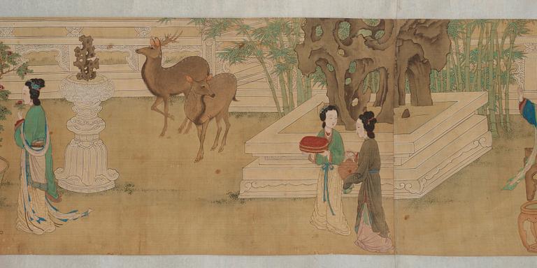 A fine painting of 100 ladies and attendants in a palace garden, and with calligraphy, late Qing dynasty (1644-1912).