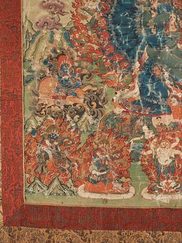 A Tibetan thangka of Vajrabhiarava with Tsongkhapa at the top, 19th Century.