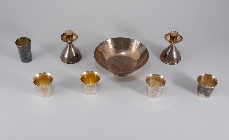 PARTI SILVER, 8 delar, bl a Eric Löfman, 1960-70-tal, Sverige, vikt exklusive ljusstakar ca 473 gram.