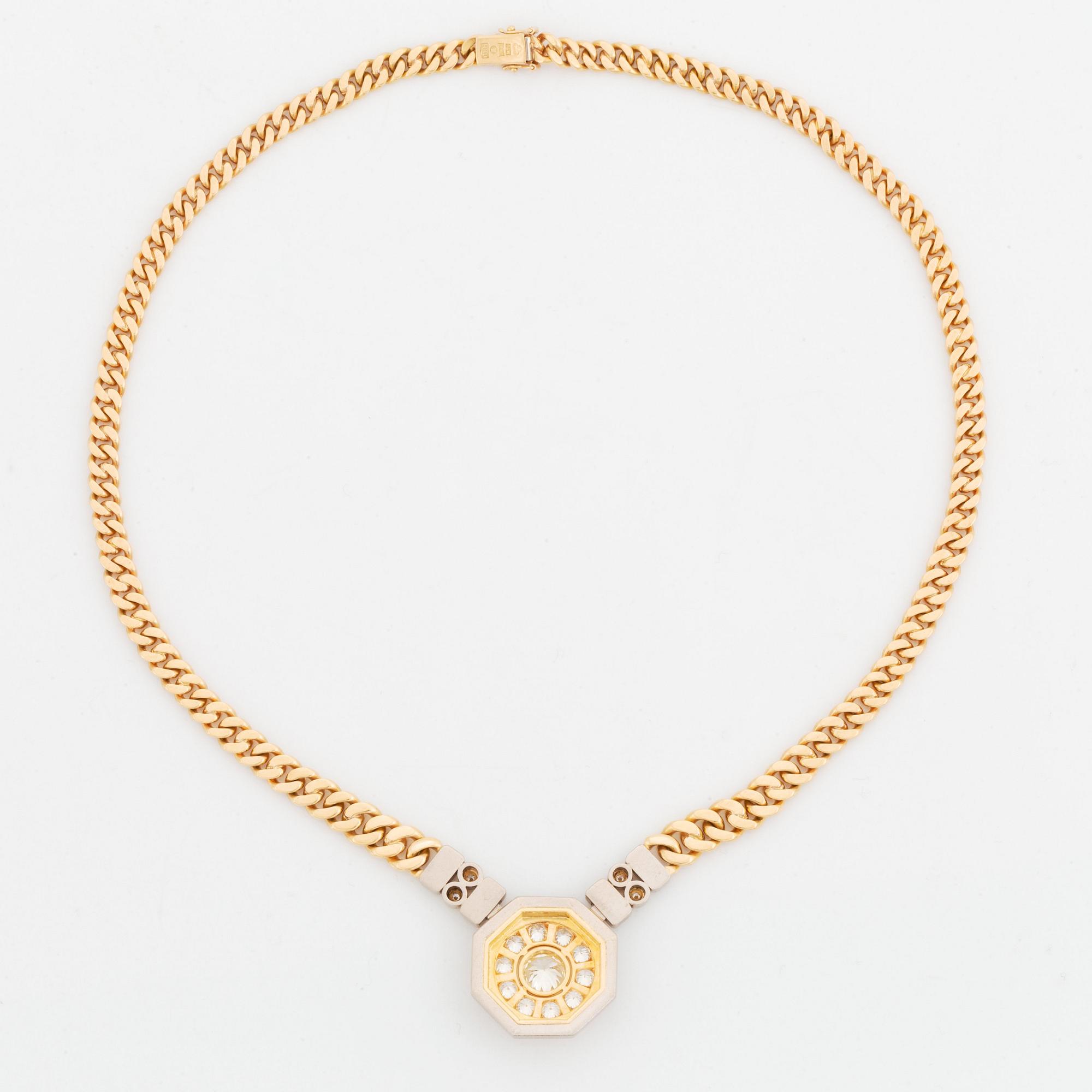 An 18K gold necklace with a round brilliant-cut diamond weight ca 1.65 cts quality ca I vs, by Jan Hellströmer.
