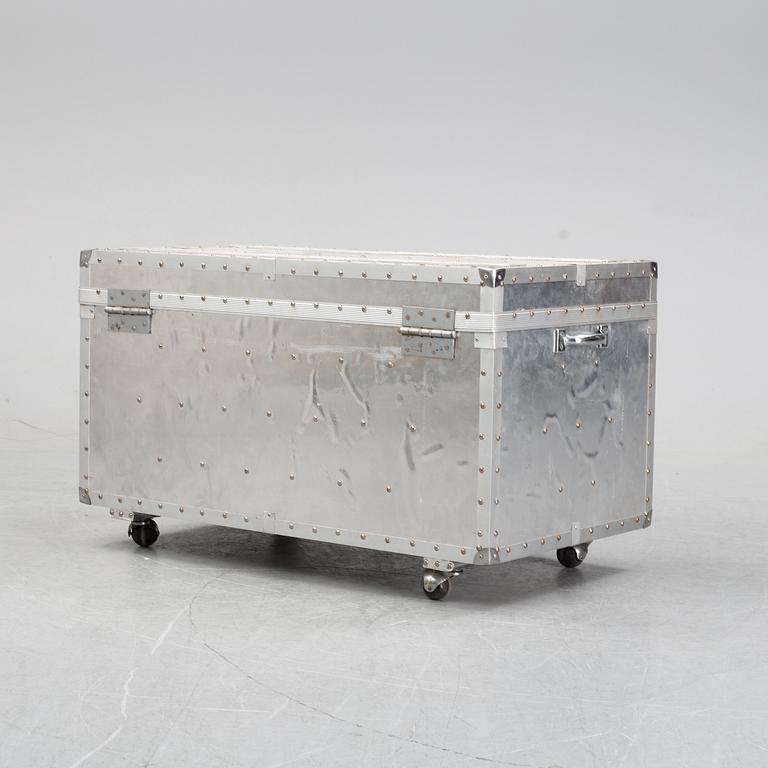 A large metal storage box on wheels, 20th Century.