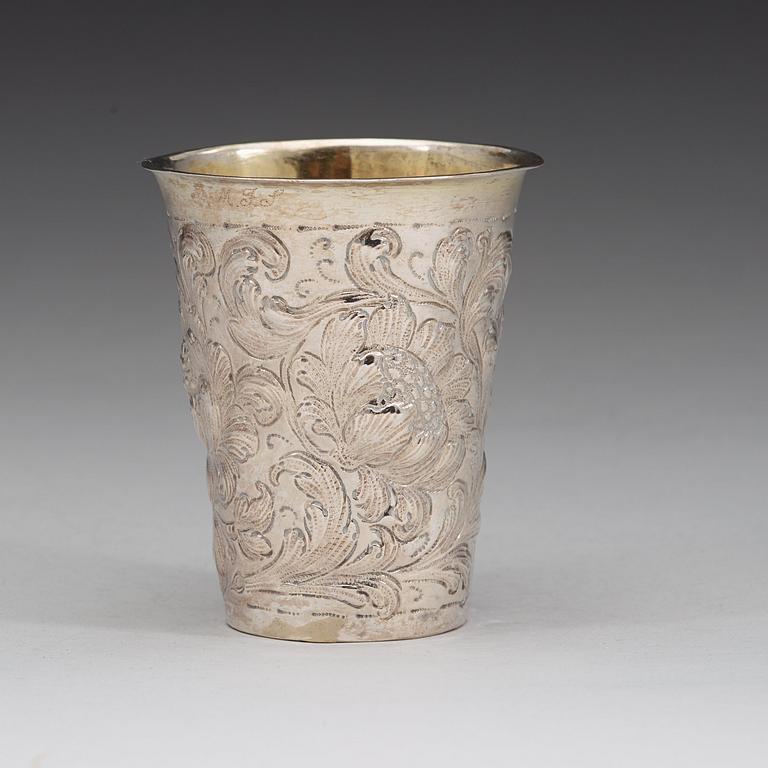 A Swedish early 18th century parcel-gilt beaker, marks of Michael Steltzner, Lidköping 1700.