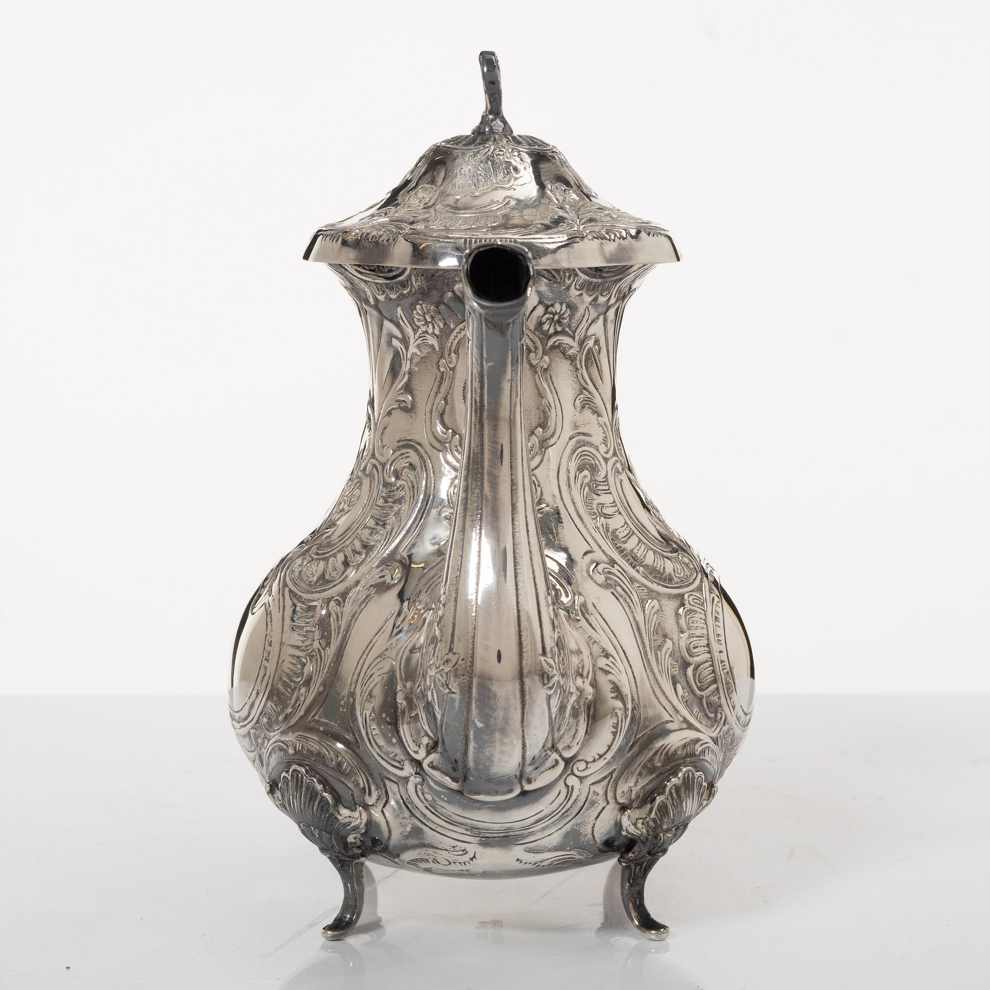 Kaffeservis, 4 delar, silver, rokokostil, GEWE, Stockholm 1976.