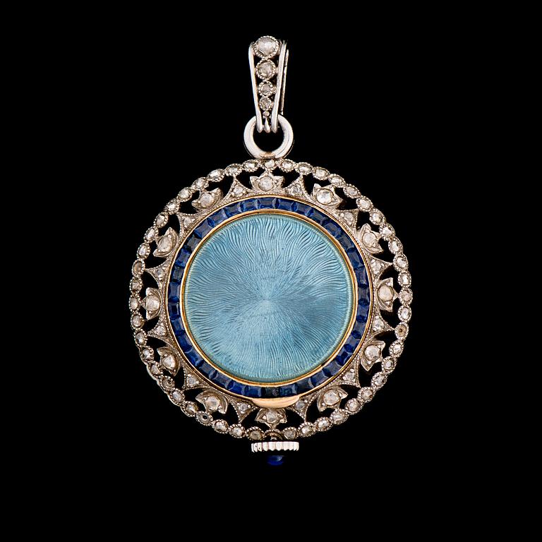 A PENDANT / POCKET WATCH, 18K gold, enamel, sapphires, diamonds. Tiffany & Co., 1900-1910.