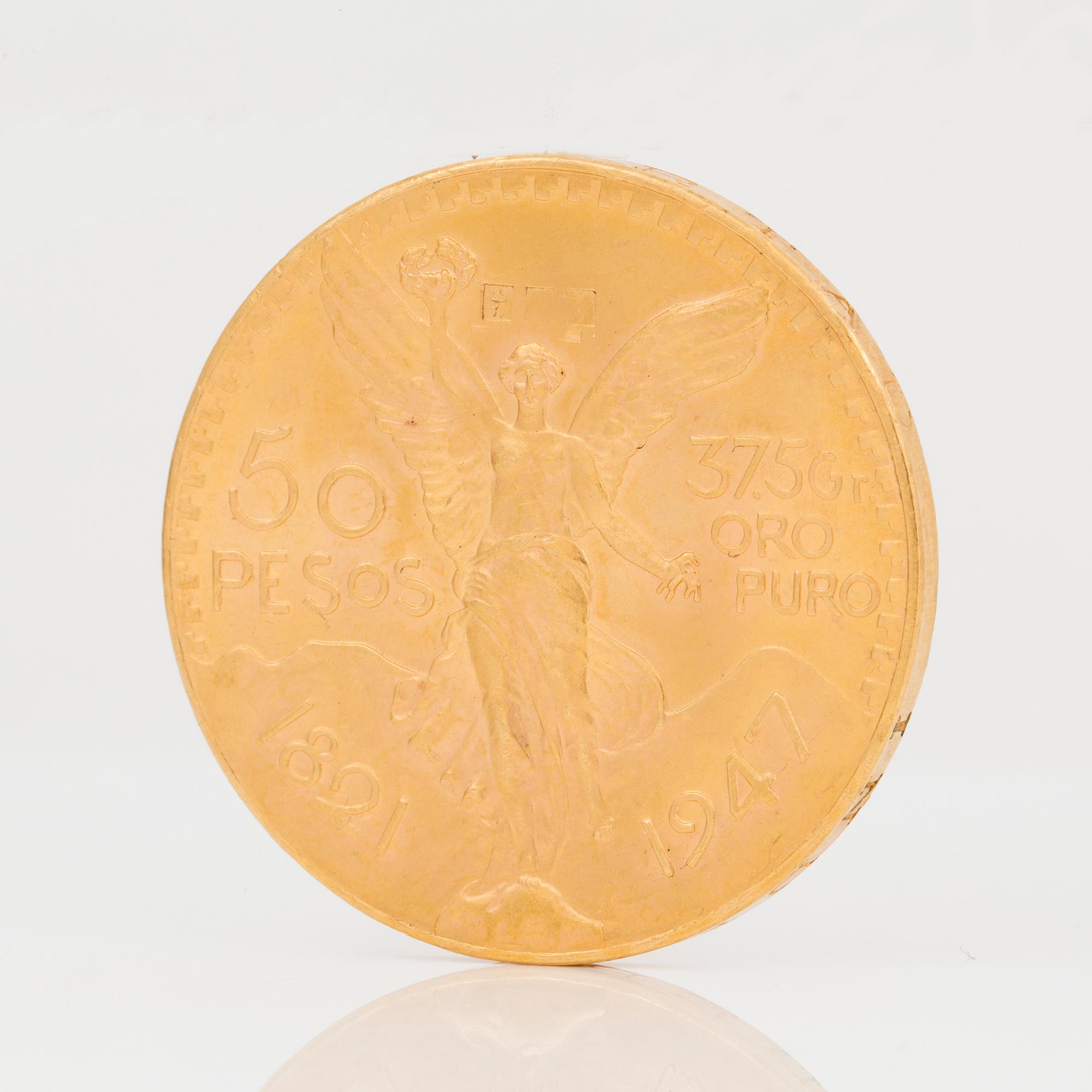 GULDMYNT, 50 Pesos Estados Unidos Mexicanos, Oro Puro. 21k, vikt ca 41 g.