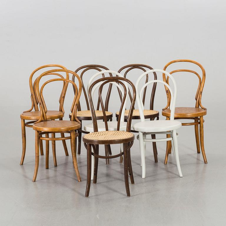 Eight chairs in the Thonet-style from the second half of the 20th century.