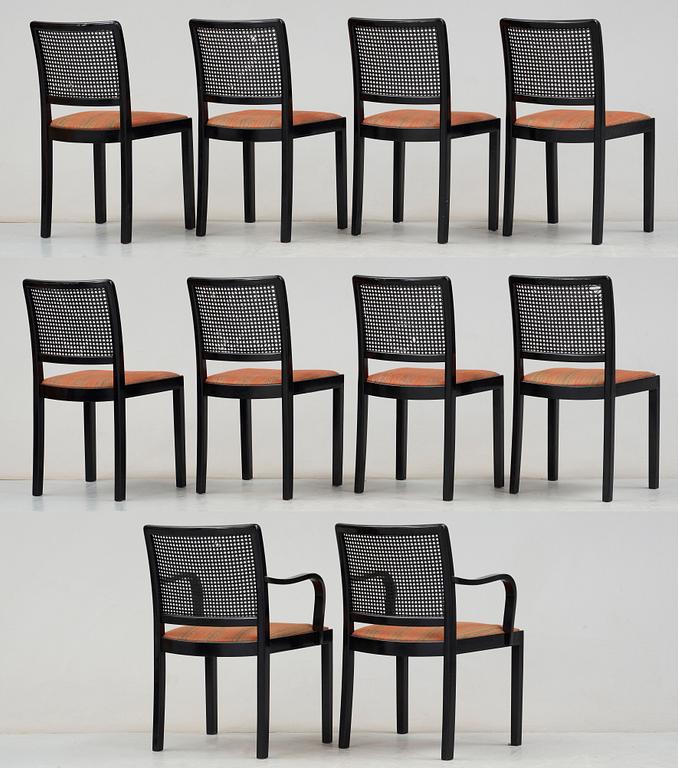 A set of eight Uno Åhrén black lacquered birch chairs and a pair of armchairs, Svenskt Tenn, ca 1931.