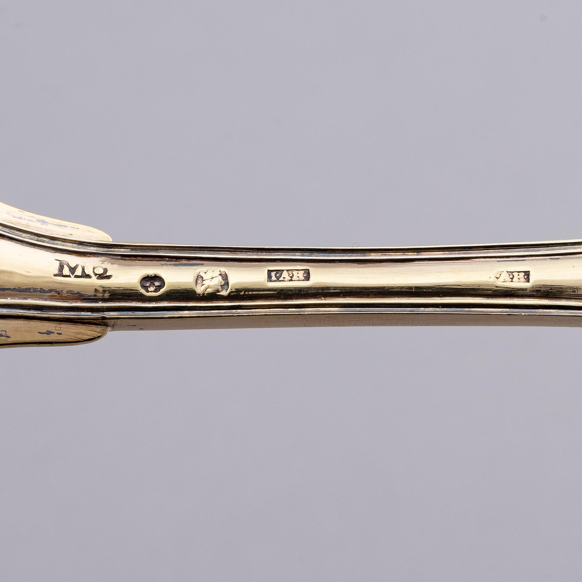 A set of five pieces gilt-silver travel cutlery, mark of Johan Abraham Hallard, Stockholm 1794.