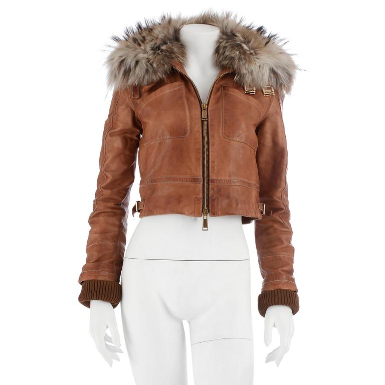 DSQUARED, a brown leather jacket with a detachable fur collar. Size 40.