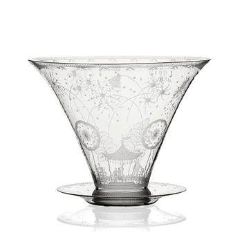 Edward Hald, a Swedish Grace engraved glass bowl 'Fyrverkeri' with a plate, Orrefors Sweden 1924, model nr 248.