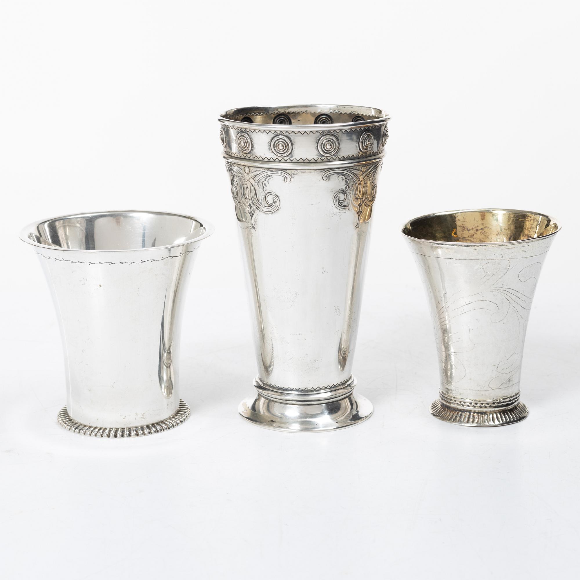 Three silver beakers, including CG Hallberg, Stockholm, 1927.