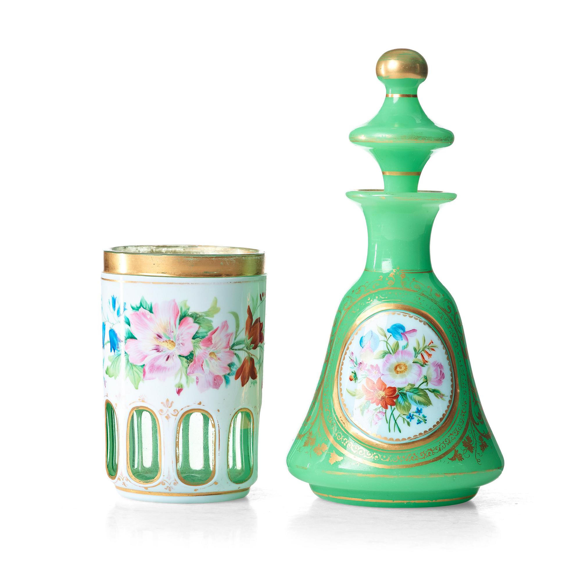A green bottle with stopper and a beaker glass, Russia, 19th Century.