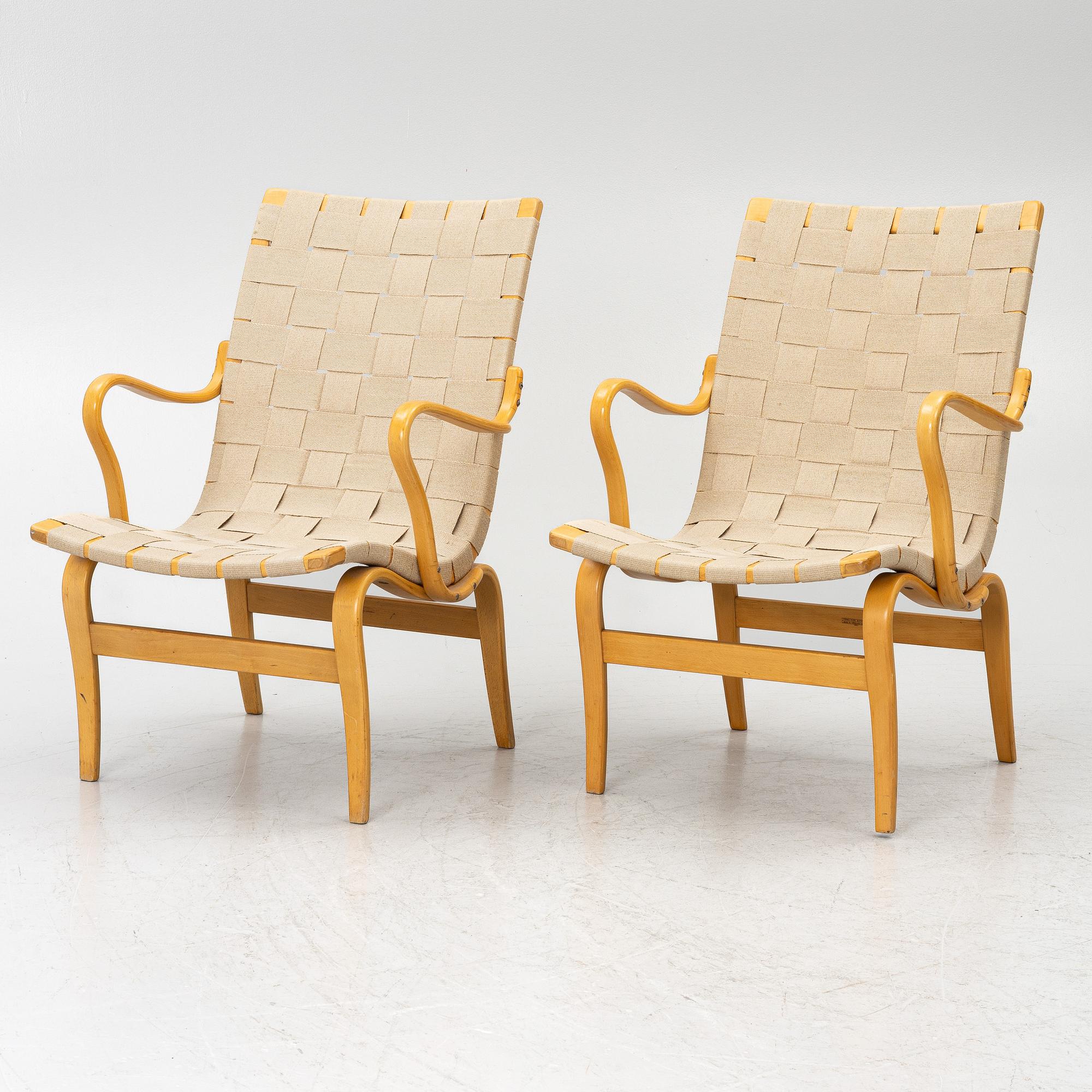 Bruno Mathsson, Armchairs, a pair, “Eva”, Firma Karl Mathsson, Värnamo, 1963 and 1964.