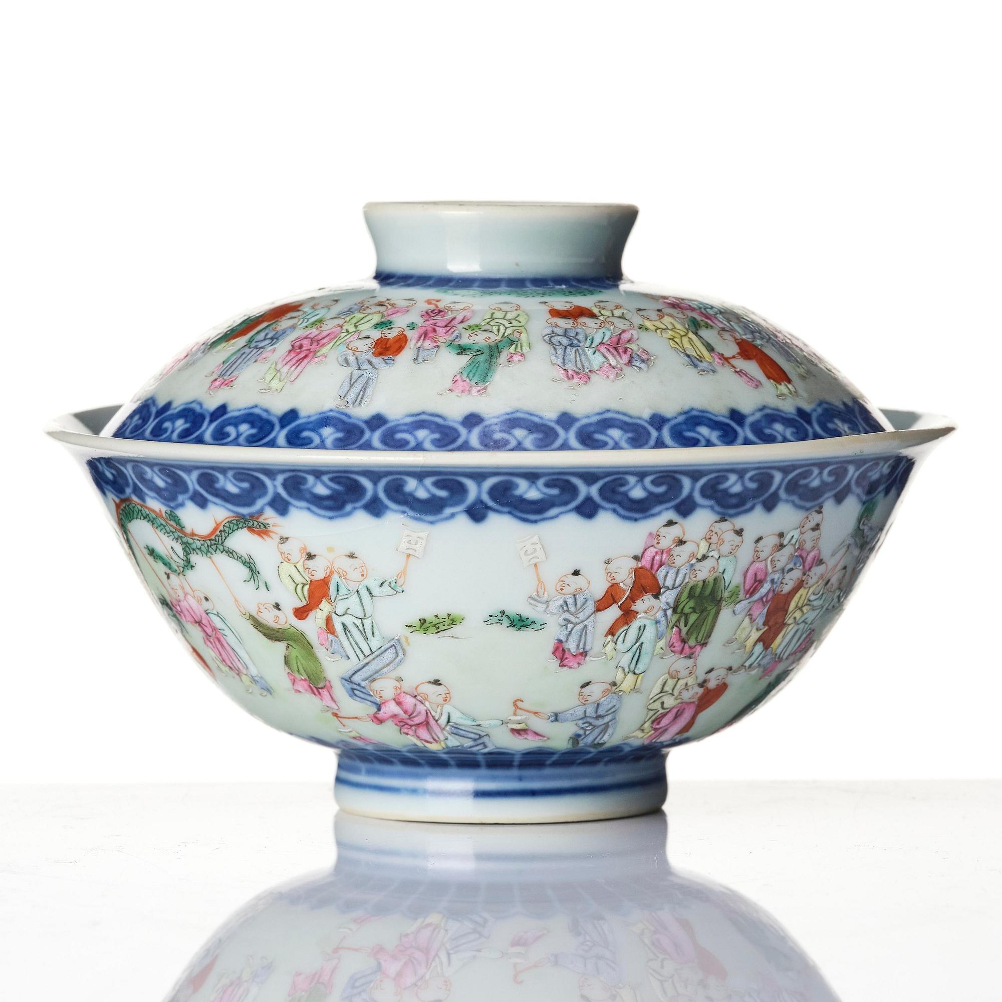 A famille rose 'boys at play' cup with cover, Qing dynasty, Qianlong mark.