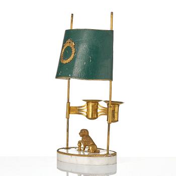 A late Gustavian gilt brass, marble and tole reading lamp, late 18th century.