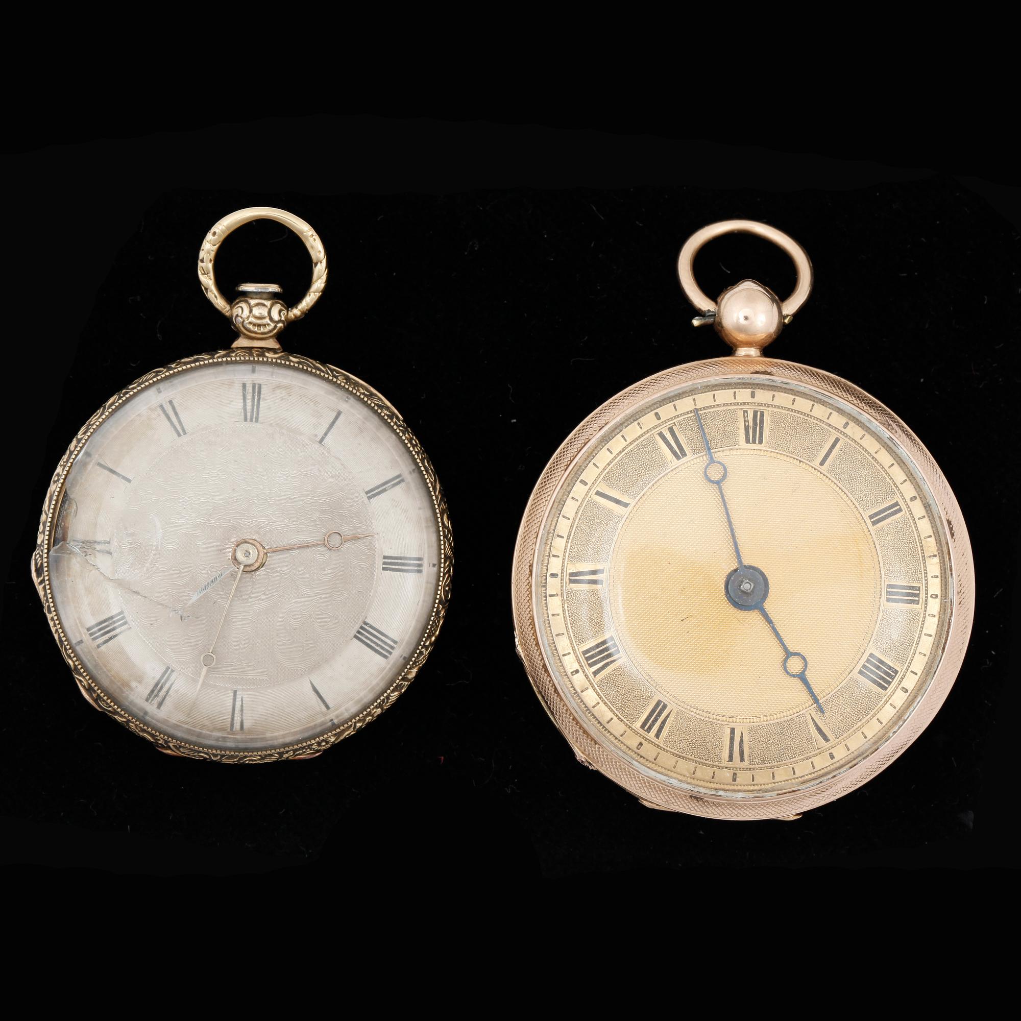 FICKUR, 2 st, 18k guld, omkring 1900. Total vikt ca 79 gram.