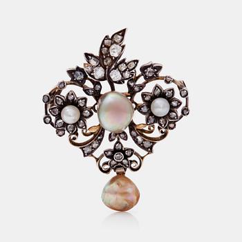 484. A natural saltwater pearl, natural abalone pearl and diamond brooch. Certificate from GSC.