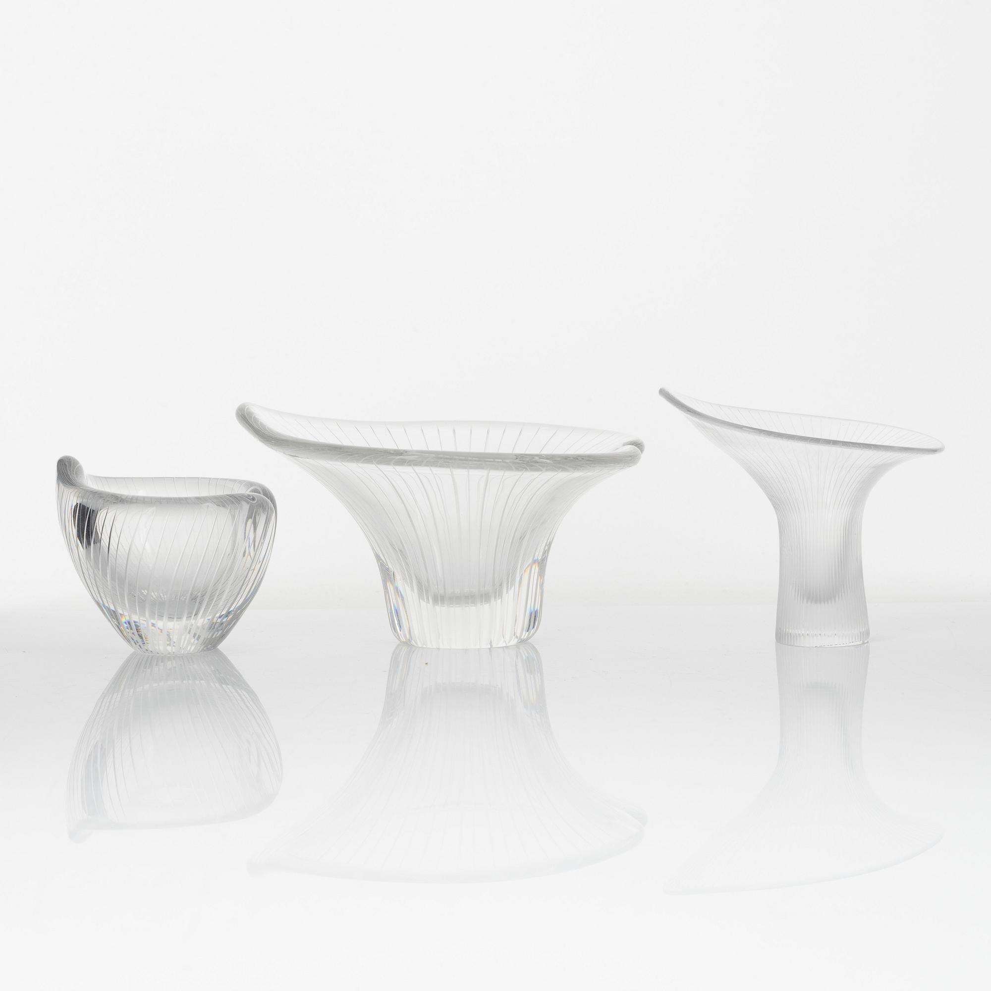 Tapio Wirkkala, two glass bowls and a 'Kantarelli' vase, Iittala, Finland.