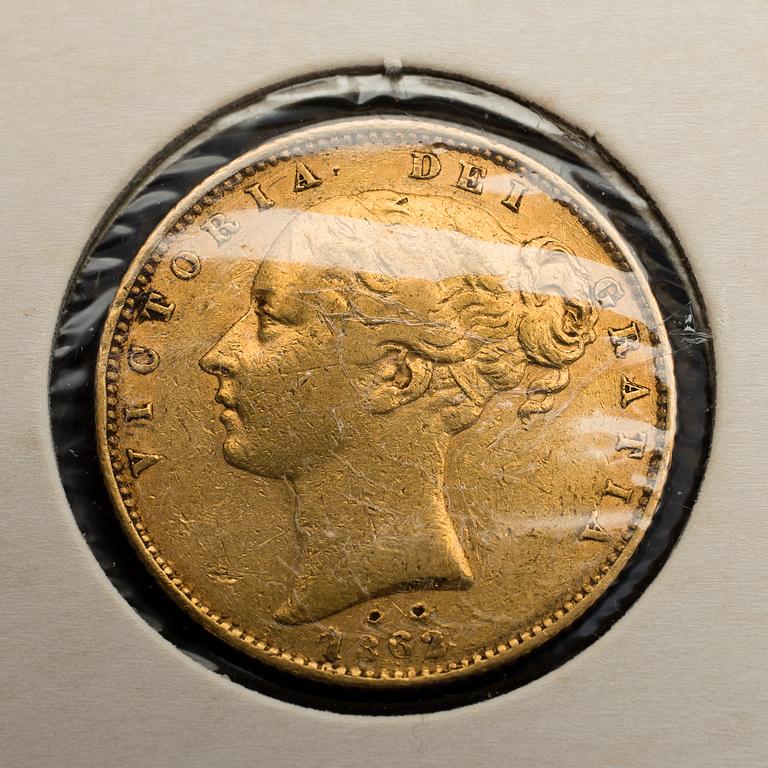 GULDMYNT, 2 st, Victoria Young Head Shield Sovereign-mynt, 1845 och 1862.