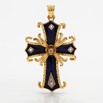 An 18K gold cross pendant with enamel and rose-cut diamonds.
