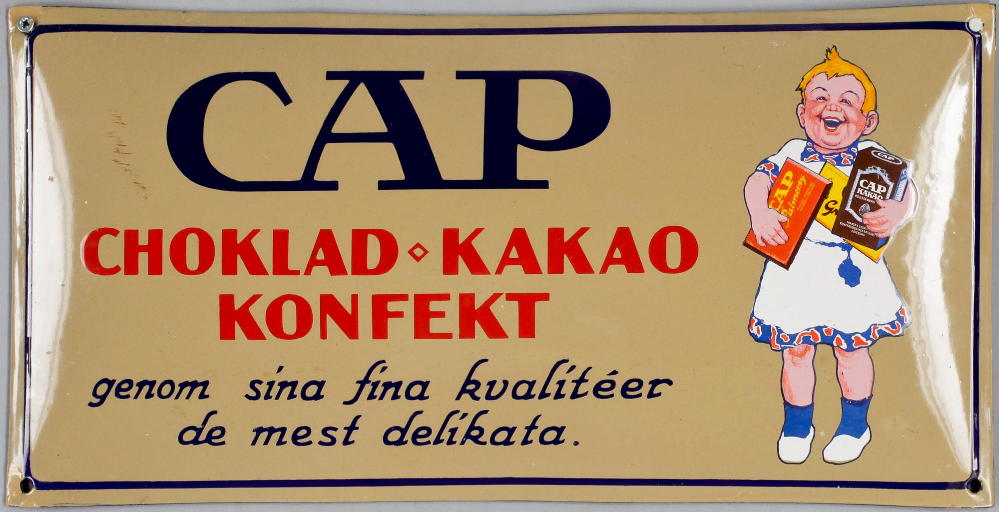 REKLAMSKYLTAR, 2st, plåt med emalj, 1900-talets första hälft.