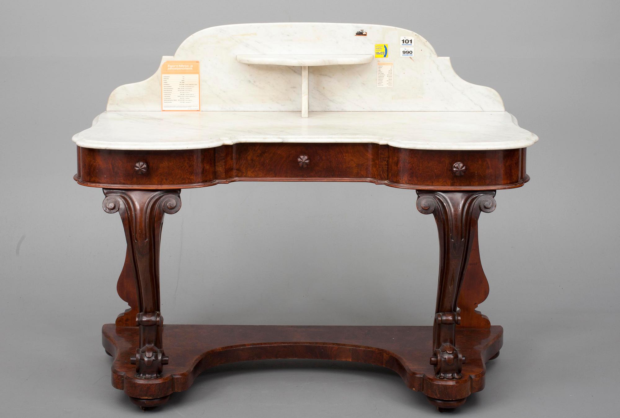 KAMPAUSPÖYTÄ, pähkinäpuuviilutettu, marmorilevy, uusrokokoo, noin 1850-70.