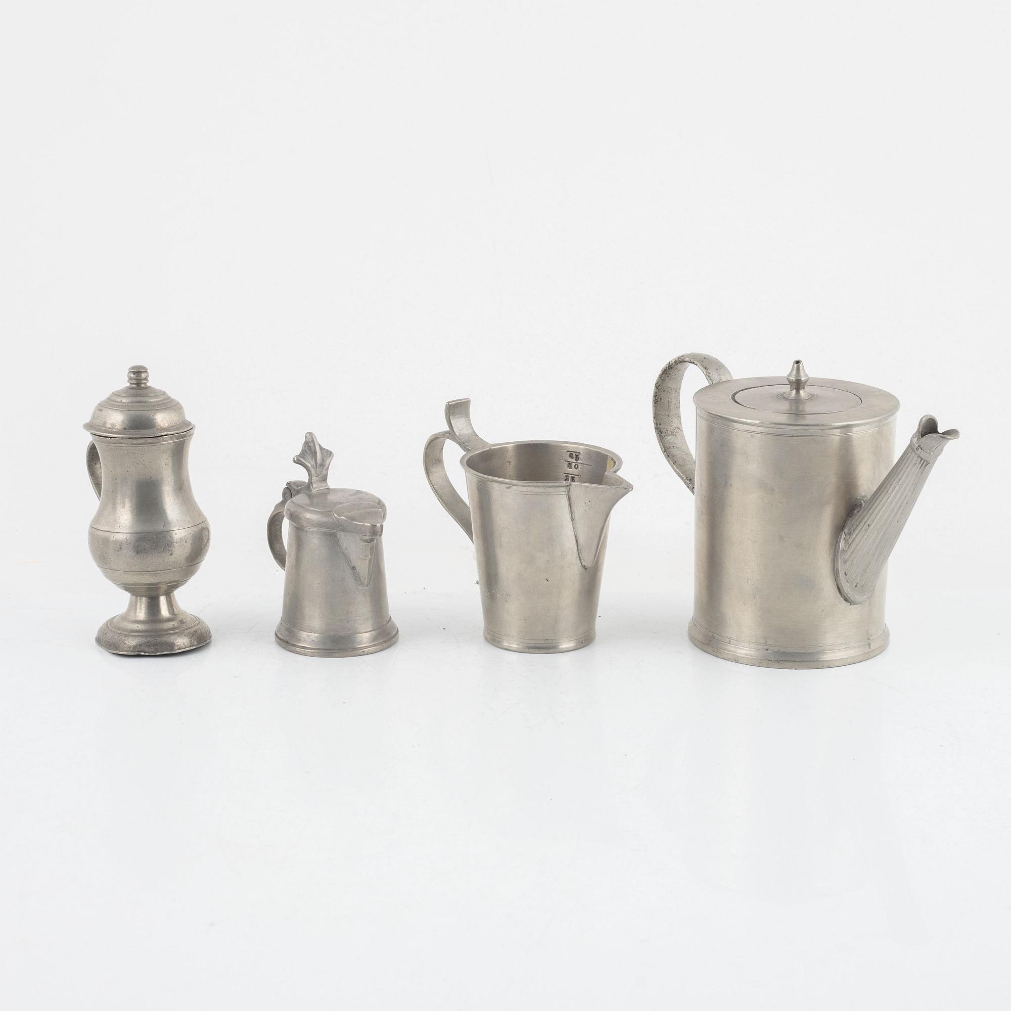Four pewter items, various masters, 18th - 19th century.