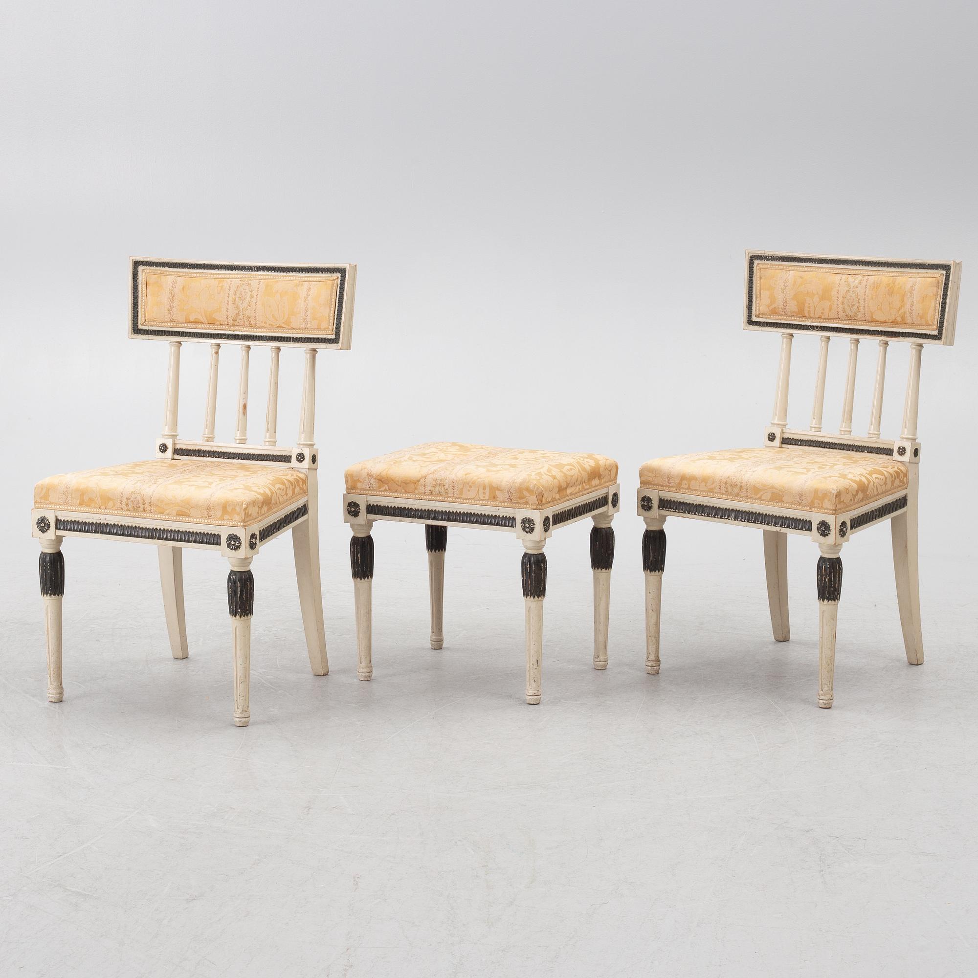 A pair  chairs and a stool, late-gustaivan style, J.O. Nyström Möbleringsaffär, Sweden, 20th century.