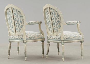 SOFFA, SAMT KARMSTOLAR, ett par. Louis XVI-stil, 1800-tal.