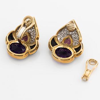 Earrings, likely Henri Martin, clip-ons, 18K gold with pink tourmaline, onyx, amethyst, and brilliant-cut diamonds.