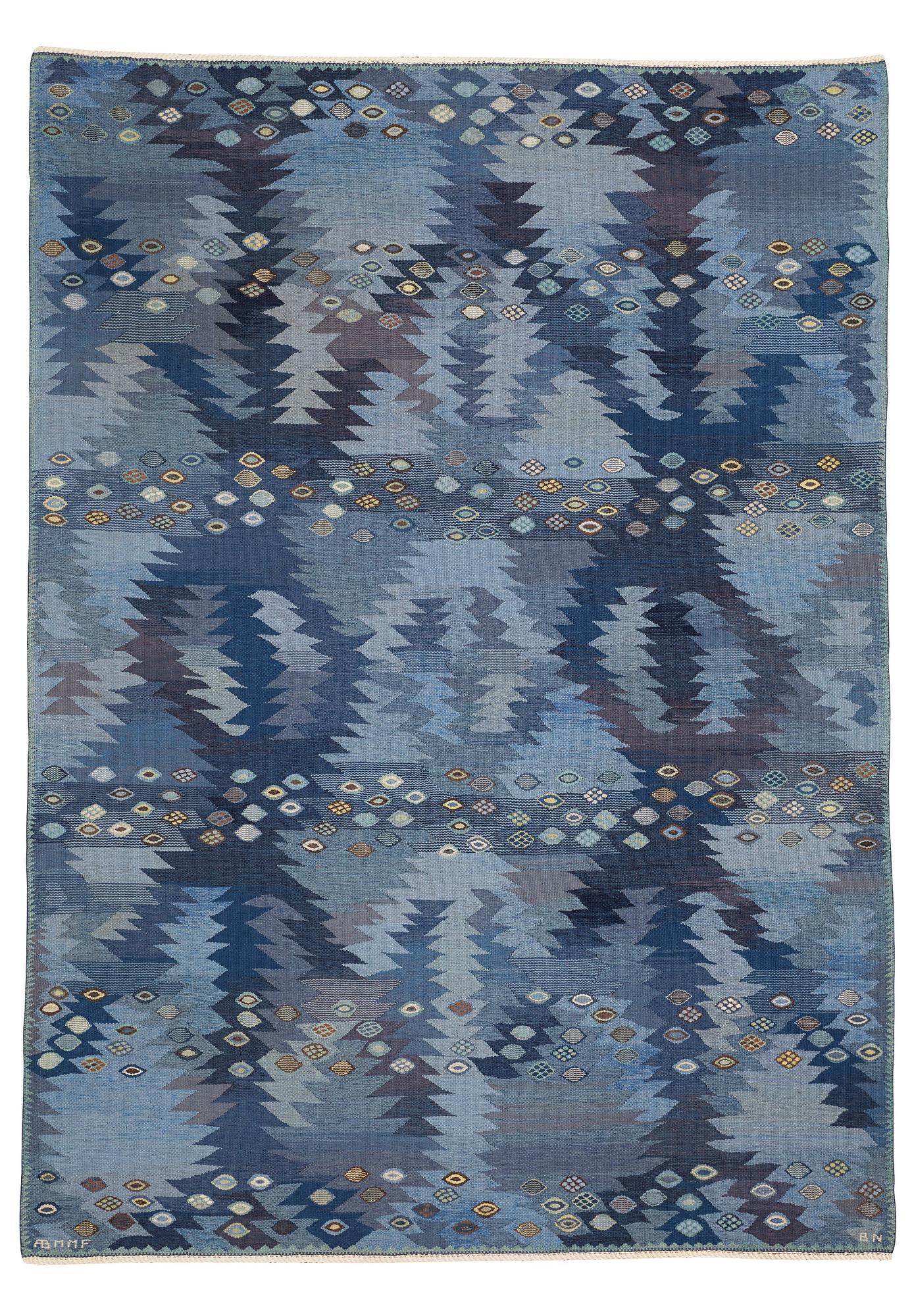 Barbro Nilsson, A carpet, "Tånga blå", flat weave, ca 355 x 252-256 cm, signed AB MMF BN.