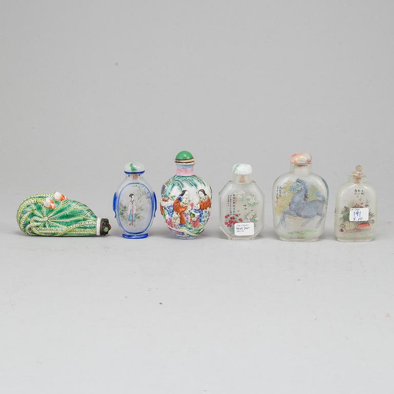 A group of six snuff bottles, 20th century.