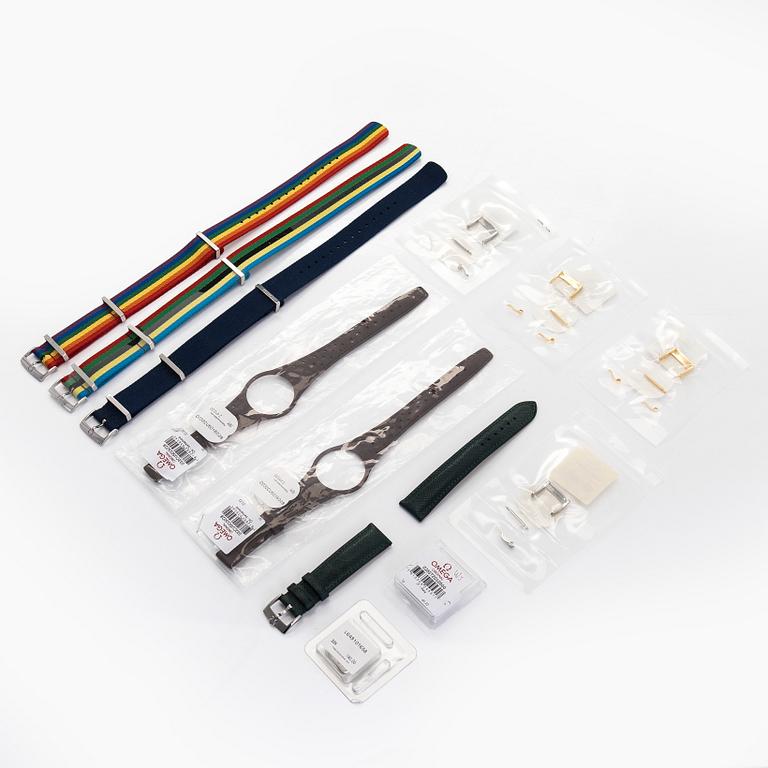 A collection of six watch straps and six buckles, Omega and Longines.