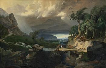 Okänd konstnär, 1800-tal, Oväderslandskap med herdinna och får.