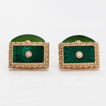 A pair of 14K gold cufflinks with enamel, jade and diamonds ca. 0.018 ct in total. St-Petersburg, Soviet union.