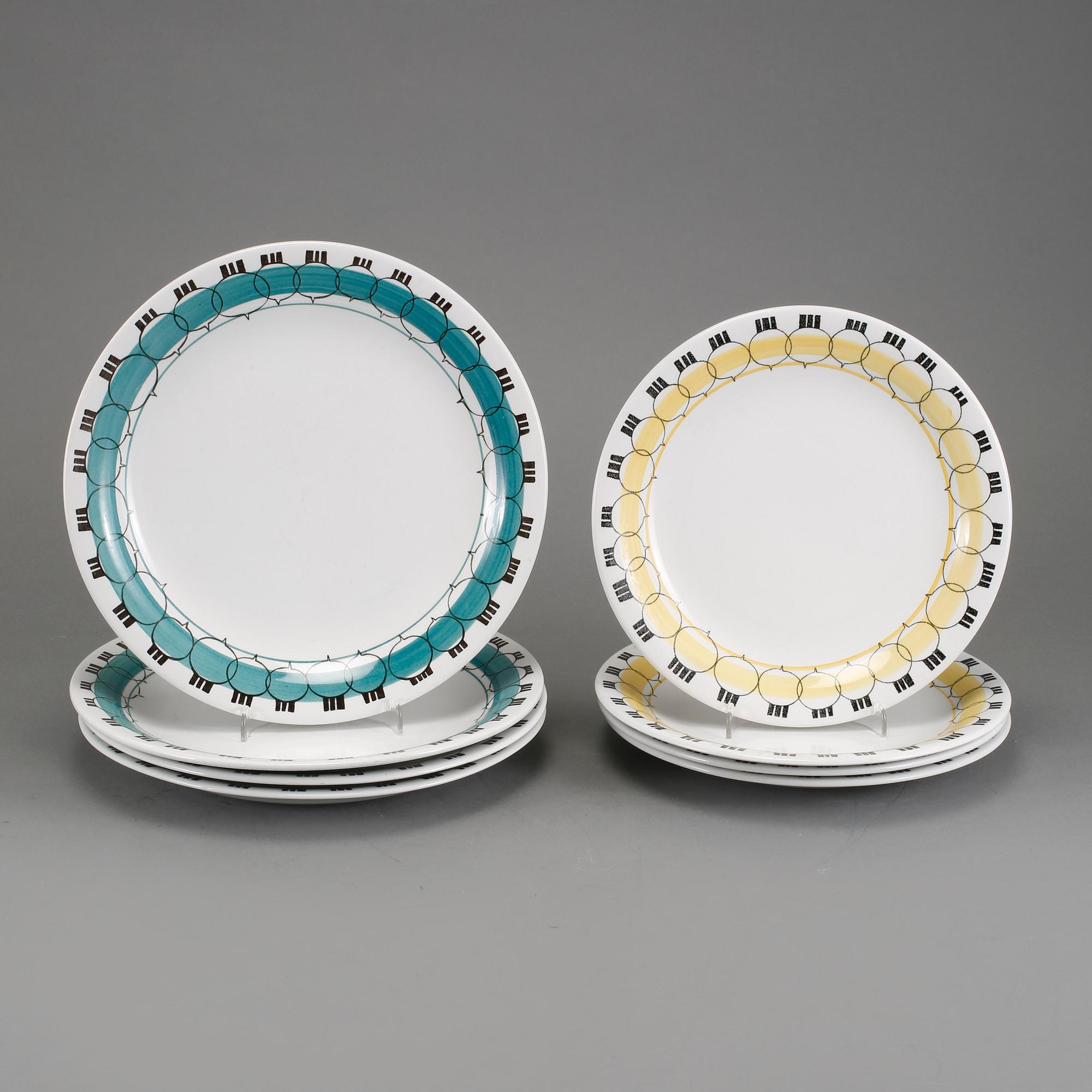 TALLRIKAR, 4 st, samt ASSIETTER, 4 st, porslin, "Picknick", Marianne Wessman, Rörstrand, 1900-talets tredje kvartal.