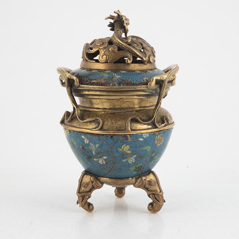 A Chinese cloisonné and bronze tripod censer, late Qing dynasty.