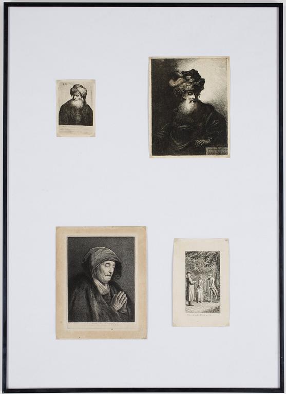 ETSNINGAR, 4 st, bland annat efter Rembrandt, 1700-tal.