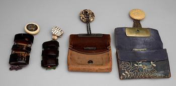 PARTI NETSUKE med PORTMONNÄ SAMT ASKAR, 4 st, 1900-talets första hälft.