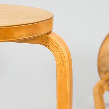 Alvar Aalto, jakkaroita, 4 kpl malli 60, O.Y. Huonekalu- ja Rakennustyötehdas A.B. 1900-luvun puoliväli.